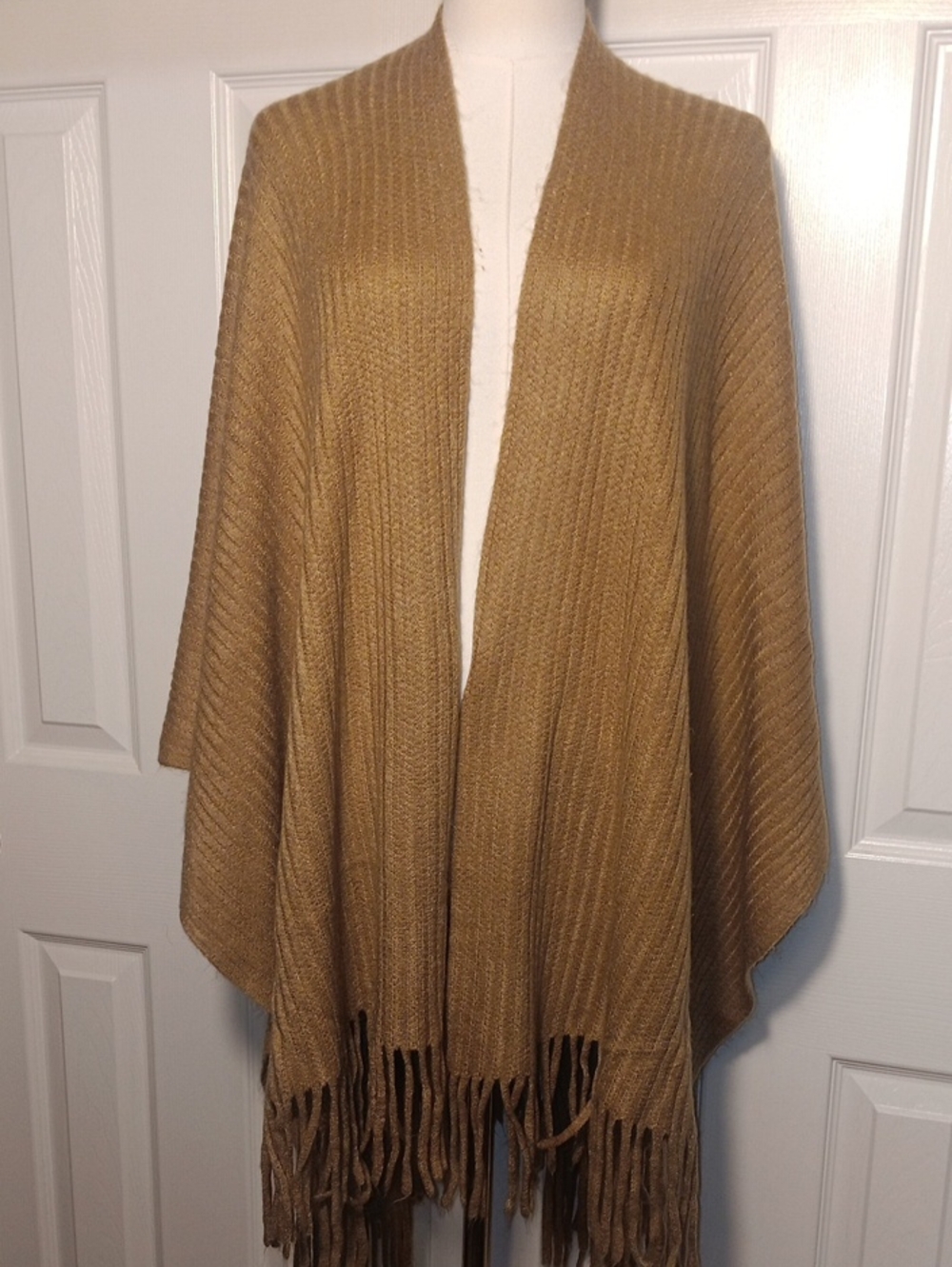 Open-Front Fringe Poncho Sweater - Camel